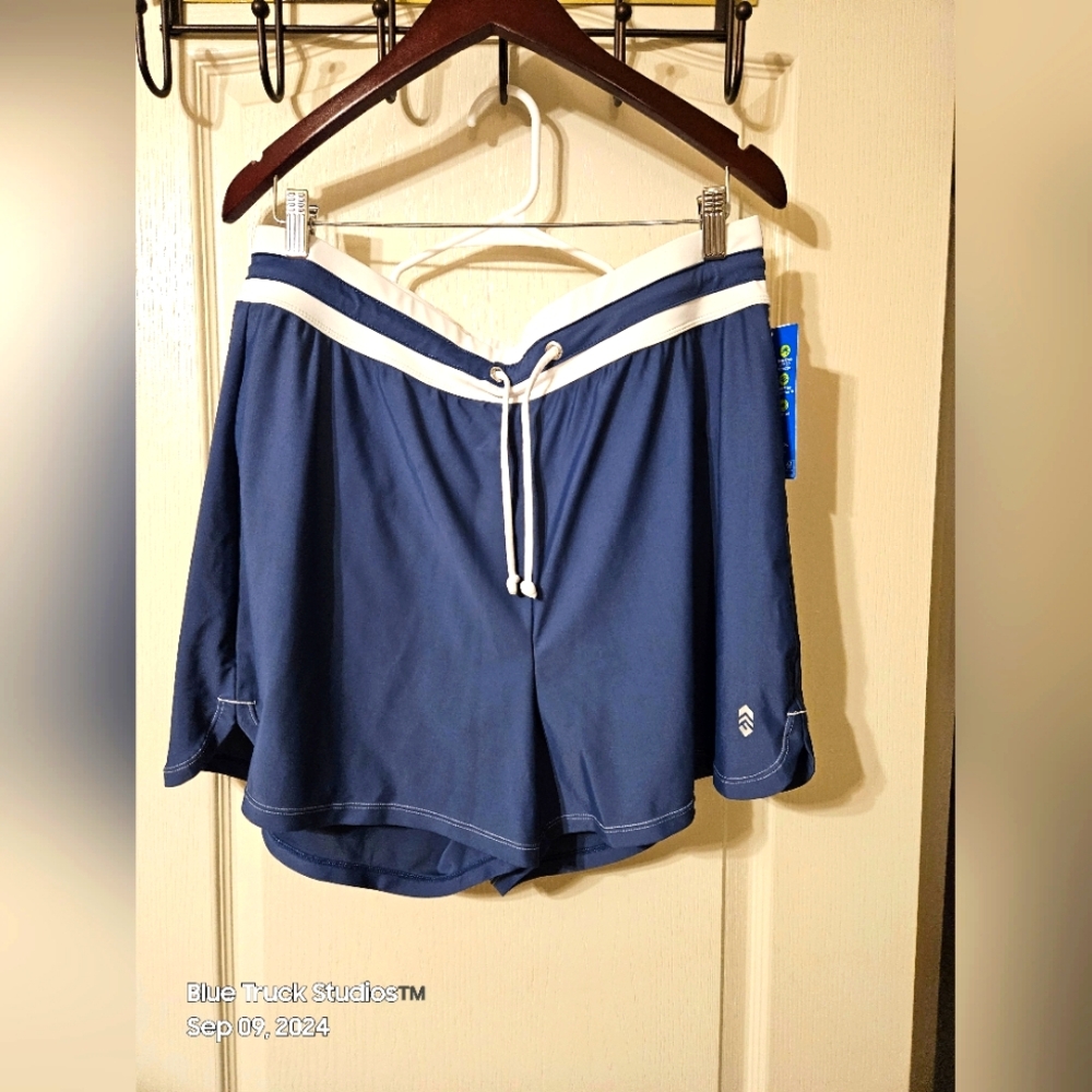 Free Country Drawstring Women's Swim Shorts Blue Plus Size 1X 16W/18W